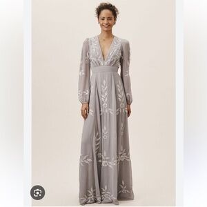 BHLDN Belize Embroidered A-Line Long-Sleeve V-Neck Gown